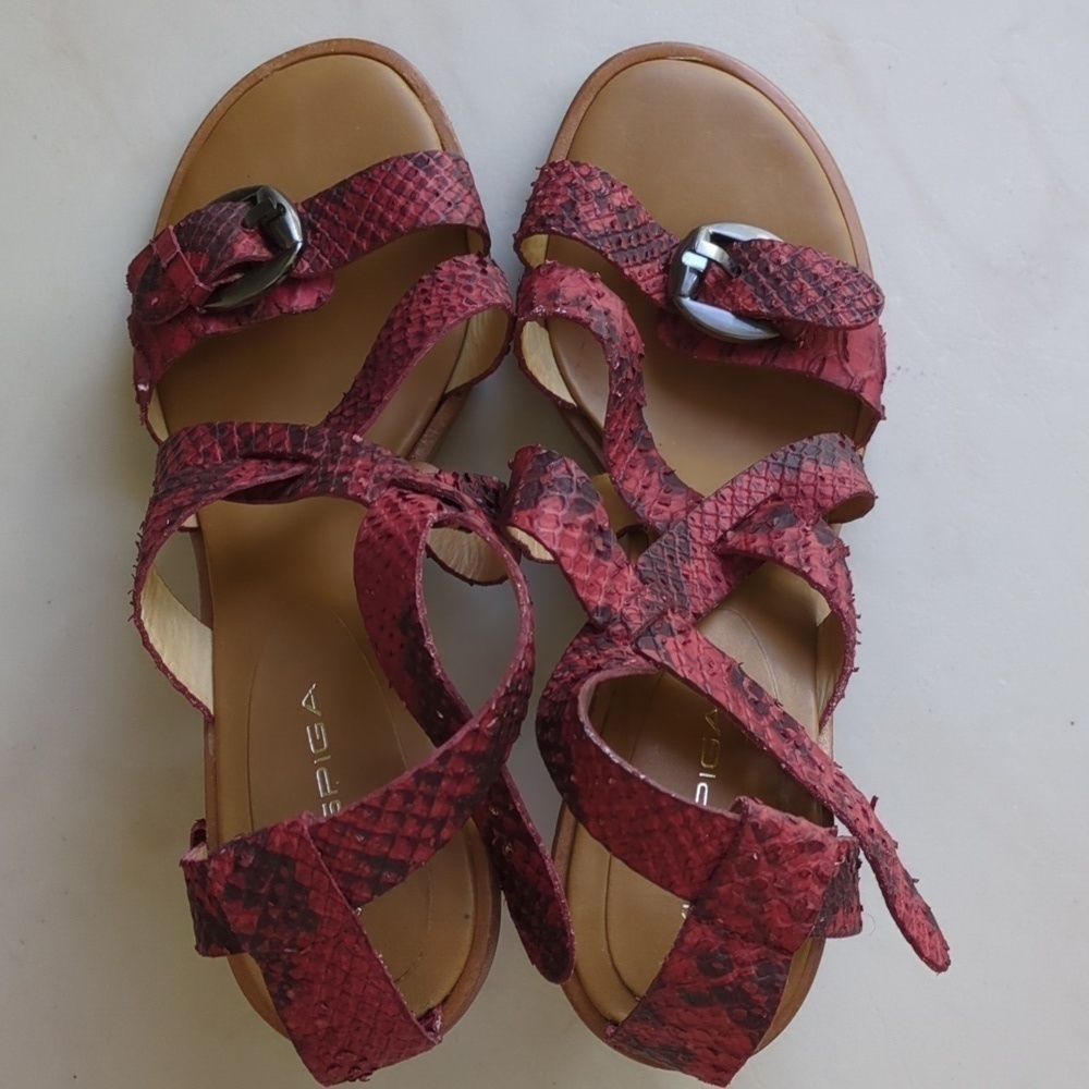 Via Spiga Red Snake Print Boho Leather Wooden Block Heel Comfy Sandals Sz 8.5